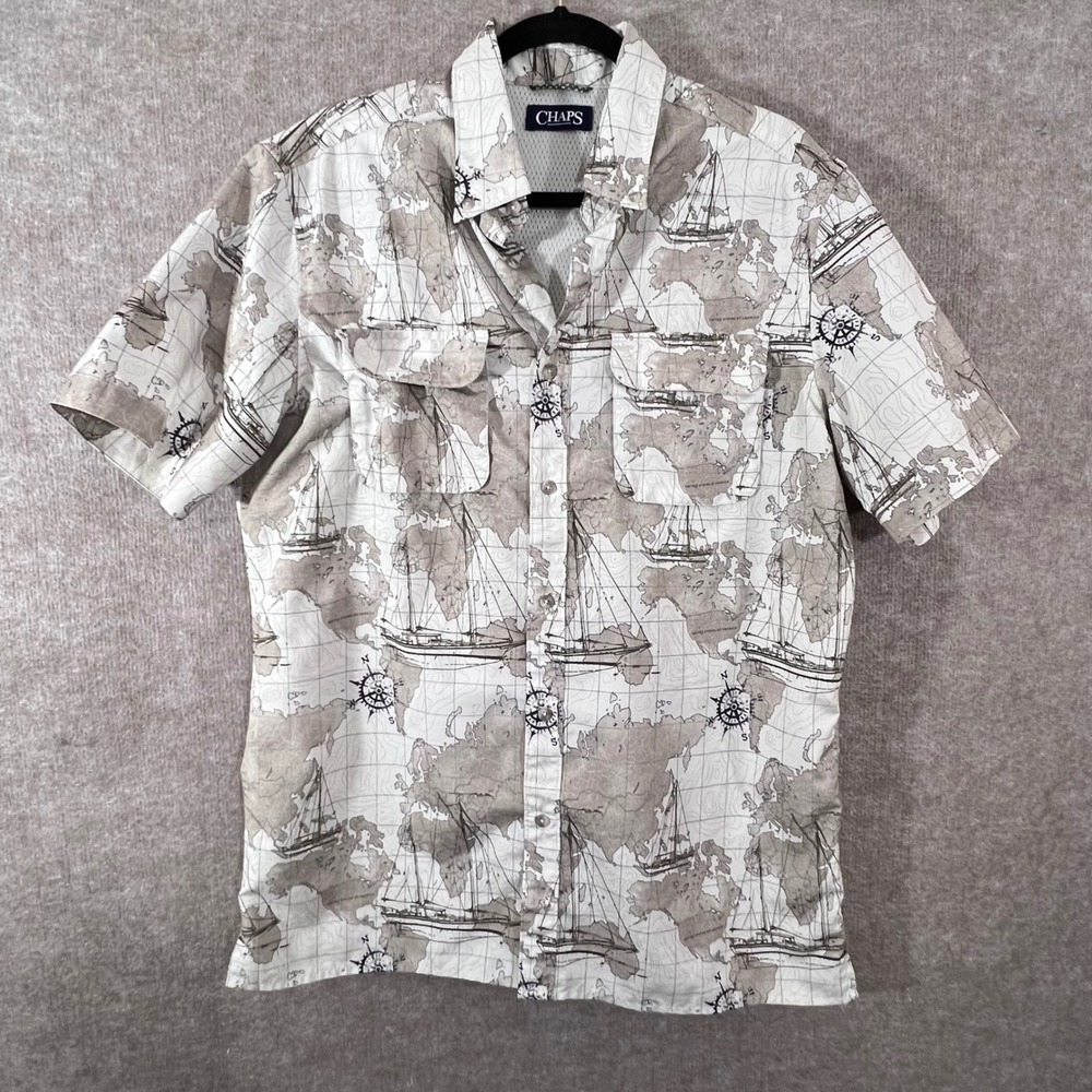 Chaps Button Up Shirt Mens Size M Map Sailboat Nautical Tan Tan Beige Gorpcore